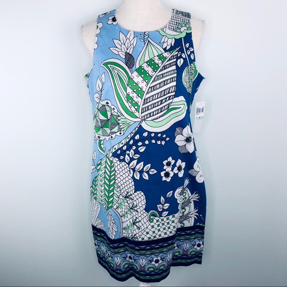 NWT London Times Blue Multi Print Dress Sz 8